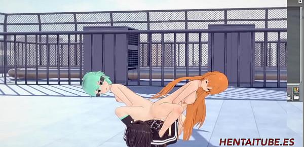  Sword Art Online Hentai 3D - Threesome, Asuana and Asada masturbate Kirito with their ass and he cums on her buttocks - Japanese Anime Manga Cartoon Porn